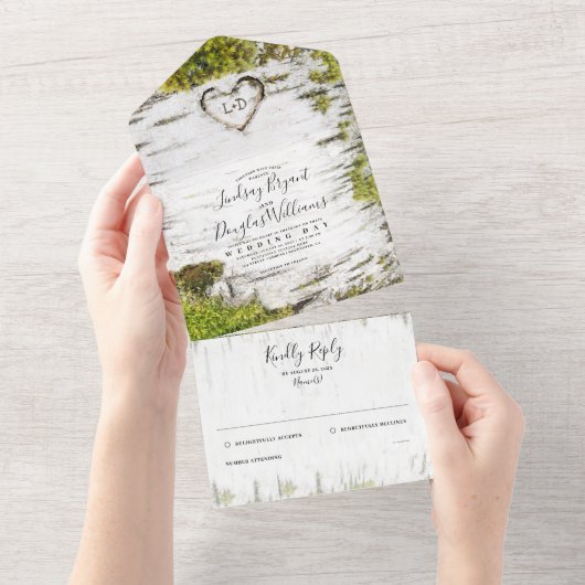 Gedekte vogelboom Heart Rustic Country Wedding All In One Uitnodiging (Afscheurbaar)