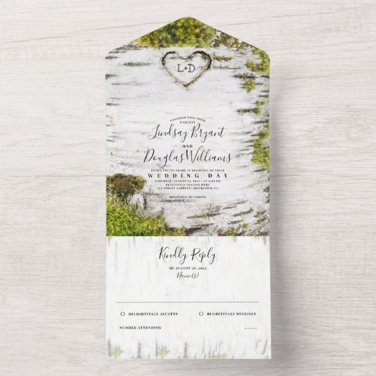 Gedekte vogelboom Heart Rustic Country Wedding All In One Uitnodiging (Binnen)