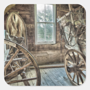 Gedekte wagen, houten wagon vierkante sticker