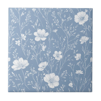 Gedempeld blauw en wit wildbloemenpatroon tegeltje