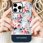 Gedempt Blauw en Perzik Custom Naam Bloemen Case-Mate iPhone Case