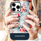 Gedempt Blauw en Perzik Custom Naam Bloemen Case-Mate iPhone Case