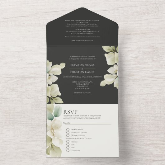 Gedempt groen blad gepersonaliseerde bruiloft all in one uitnodiging (Binnen)