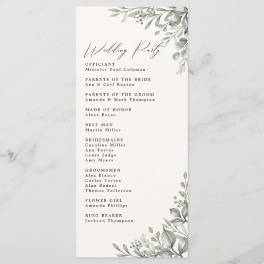 Gedempt groen botanische ivoor bruiloft programma (Achterkant)