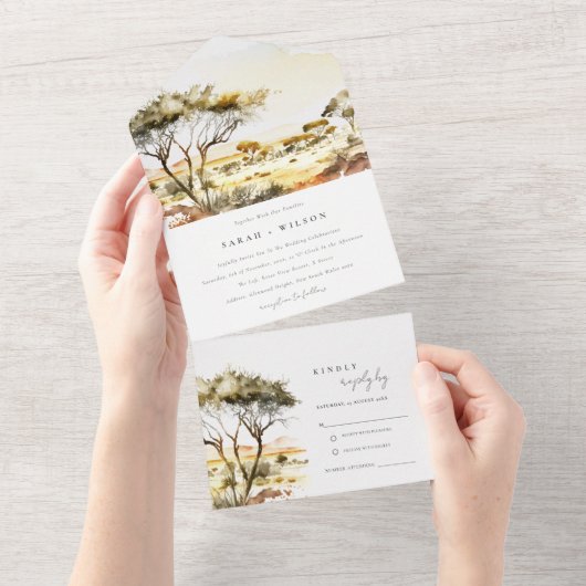 Gedempte aardse Waterverf Afrikaans Landschapsbrui All In One Uitnodiging (Afscheurbaar)