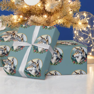 Gedempte blauwe folk art wolf cadeauverpakking rol cadeaupapier