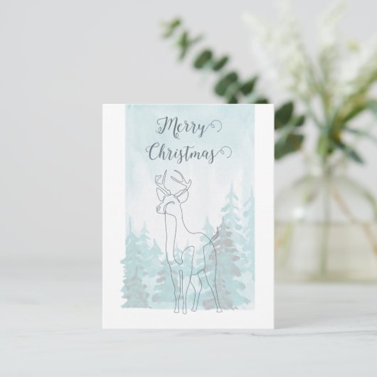 Gedempte Blauwe Groene Lijn Rendier Winter Kerstmi Feestdagenkaart (Staand voorkant)