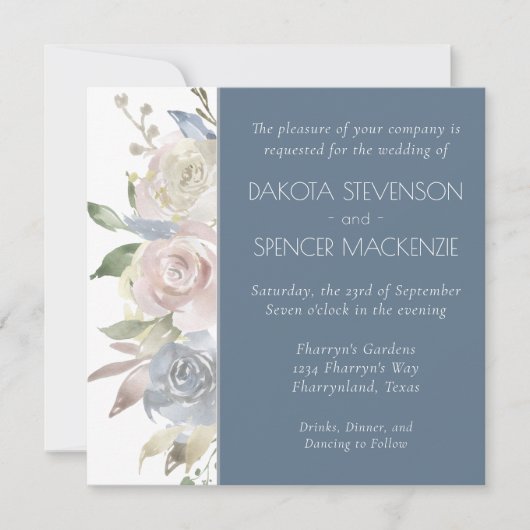 Gedempte bloemenguirlande | Pastelblauwe Crème Bru Kaart (Voorkant)