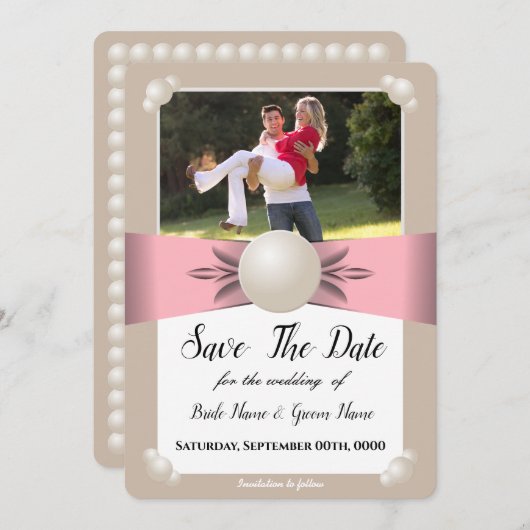 Gedempte Blush & Parelmoer Lint Foto Save The Date Kaart (Voorkant / Achterkant)