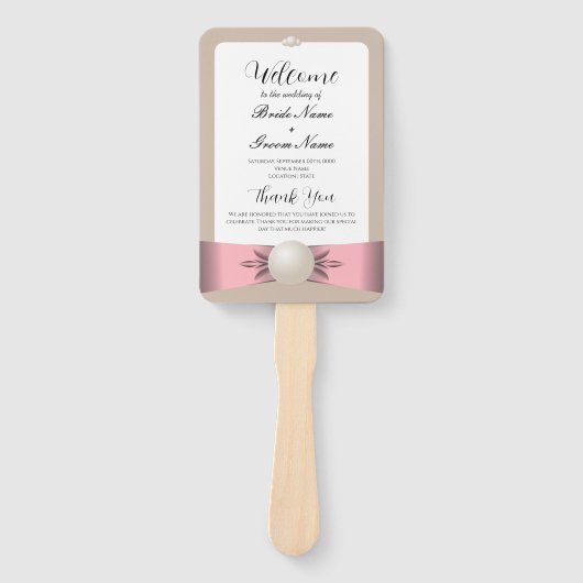 Gedempte Blush & Tan Pearl Lint Bruiloft Programma Handwaaier (Voorkant)
