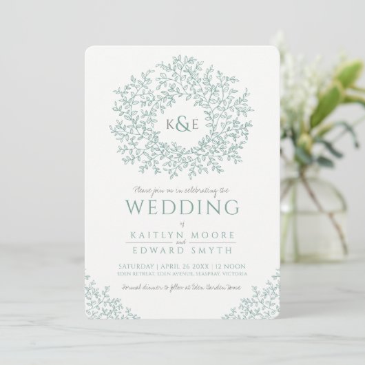 Gedempte groene hand getrokken blad monogram kunst kaart (Staand voorkant)