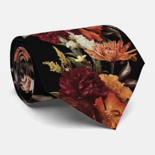 Gedempte Herfst, Sinaasappel & Rode Bloemen Bruide Stropdas