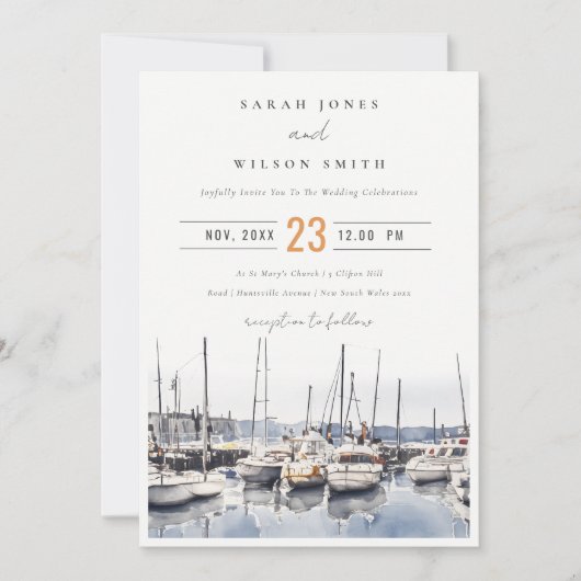Gedempte kustboten bij Harbour Seascape Bruiloft Kaart (Voorkant)