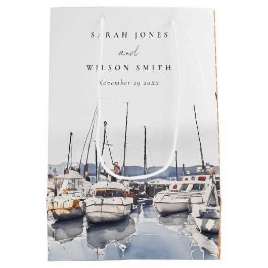 Gedempte kustboten bij Harbour Seascape Bruiloft Medium Cadeauzakje (Achterkant)