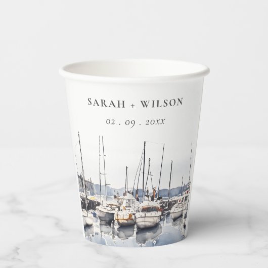 Gedempte kustboten bij Harbour Seascape Bruiloft Papieren Bekers (Achterkant)
