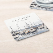 Gedempte kustboten bij Harbour Seascape Bruiloft Vierkante Kartonnen Onderzetter (Schuin)