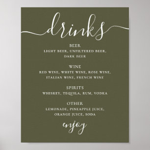 Gedempte Olijfgroene Trouwbar Modern Drankmenu Poster