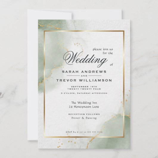 Gedempte Sage Abstract Marmeren Bruiloft Kaart (Voorkant)