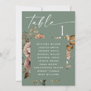 Gedempte saliegroene boho bloemen bruiloft zitplaa kaart