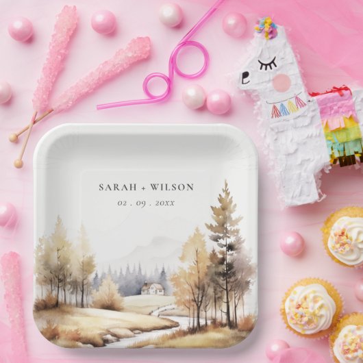 Gedempte Waterverf Herfst herfstlandschap bruiloft Papieren Bordje (Feest)