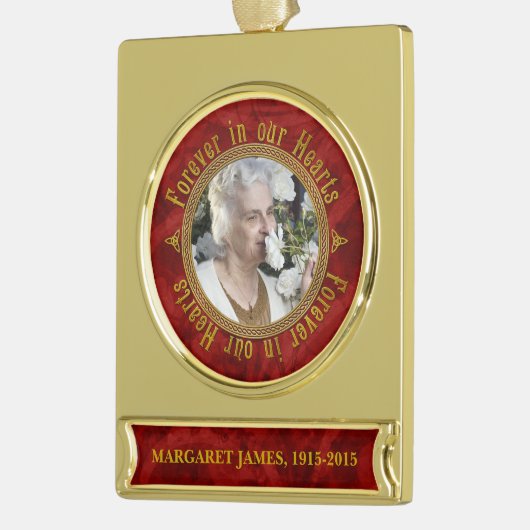 Gedenkfoto Kerst Rood Goud Keltische Knoop Verguld Banner Ornament (Links)