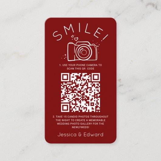 Gedenkwaardige foto's QR Code Red Chic Modern Wedd Plaatskaartje (Voorkant)