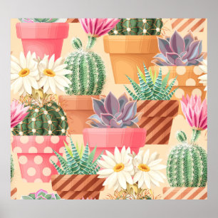 Gedetailleerd succulent, cactus naadloos patroon. poster