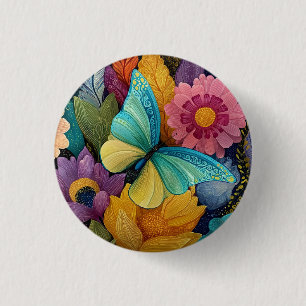 Gedetailleerde bloem- en vlinderillustratie ronde button 3,2 cm