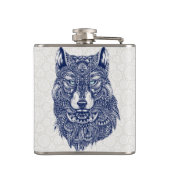 Gedetailleerde donkerblauwe wolf hoofd illustratie heupfles (Achterkant)