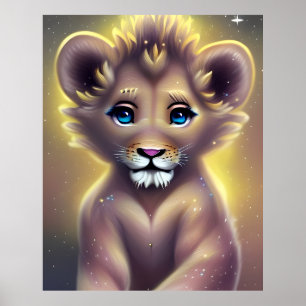 Gedetailleerde Fantasy Cute Kawaii baby lion cub Poster