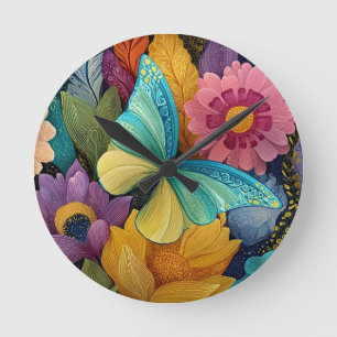 Gedetailleerde illustratie van bloemen en vlinders ronde klok