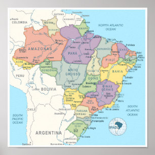 Gedetailleerde kaart van Brazilië Poster