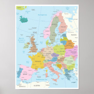 Gedetailleerde kaart van Europa Continent Poster