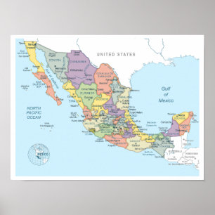 Gedetailleerde kaart van Mexico Poster
