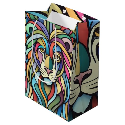 Gedetailleerde kleurrijke leeuwenkop medium cadeauzakje (Achterkant Gekanteld)
