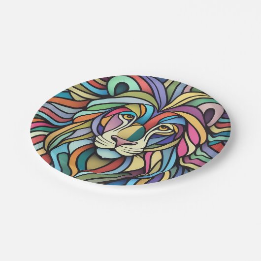 Gedetailleerde kleurrijke leeuwenkop papieren bordje (Gekanteld)