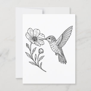 Gedetailleerde kolibrie-lijn kunst met wilde bloem briefkaart