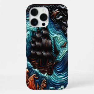 Gedetailleerde lederen kunst met een schip op zee iPhone 16 pro max hoesje