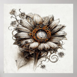 Gedetailleerde Steampunk Daisy Sketch in Pencil-Po Poster