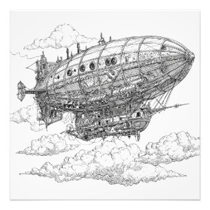 Gedetailleerde Steampunk Dirigibel Tekening Foto Afdruk