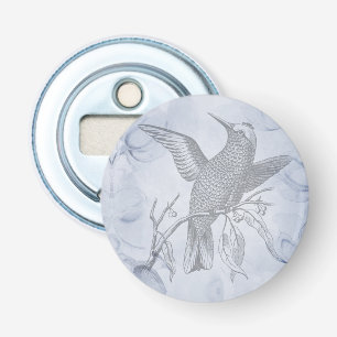 Gedetailleerde vogel lijntekening kunst pastelblau button flesopener
