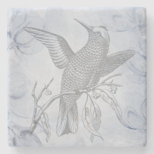 Gedetailleerde vogel lijntekening kunst pastelblau stenen onderzetter
