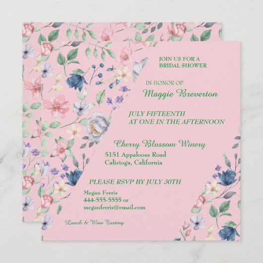 Gedetailleerde Whimsy Floral Bridal Shower Invitat Kaart (Voorkant / Achterkant)