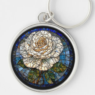 Gedetailleerde Witte Roos Mooie Glas-in-Lood Kunst Sleutelhanger