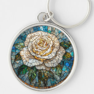 Gedetailleerde Witte Roos Mooie Glas-in-Lood Kunst Sleutelhanger