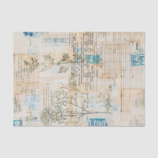 Gedistingeerd Ephemera Collage met Blauwe Accenten Tissuepapier (Voorkant)
