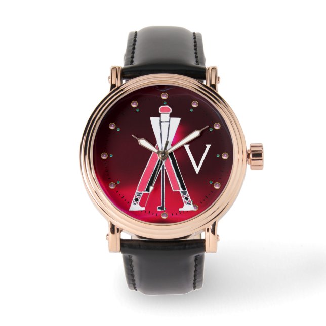 GEDISYLIZEERD RODE BURGUNDY GOLFER,GOLF PLAYER MON HORLOGE (Voorkant)