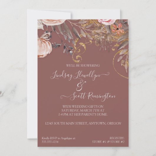 Gedroogde Bloemen Roos Goud Boho Koppels Douche Kaart (Voorkant)