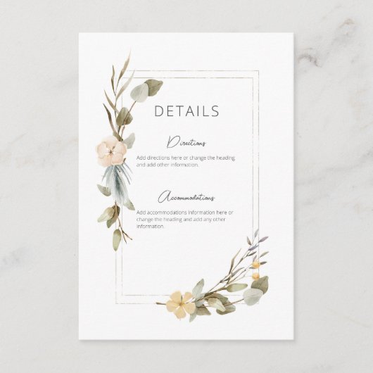 Gedroogde Boho Bloemen Lijst Bruiloft Details Informatiekaartje (Voorkant)
