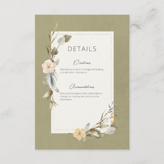 Gedroogde Boho Bloemen Lijst Sage Bruiloft Details Informatiekaartje (Voorkant)